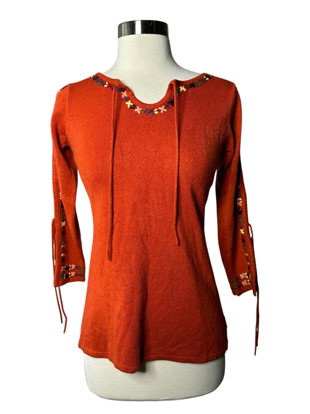 52 Weekends Orange Floral Trim Knit Sweater Top S